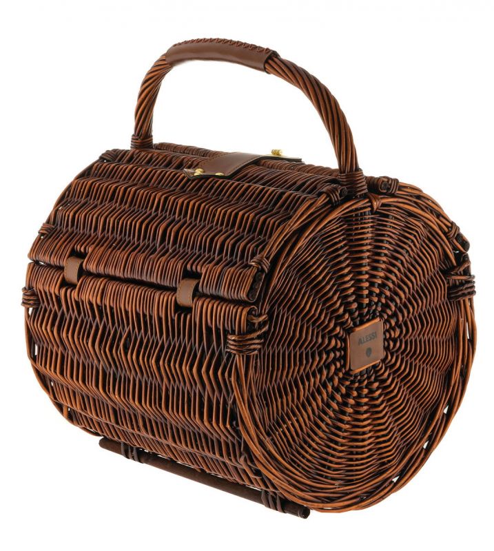 Brauner, runder Alessi Picknickkorb aus Weide mit Tragegriff und Lederdetails.